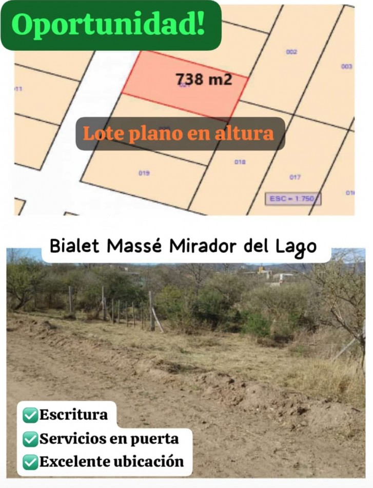 Imperdible Liquido! Vendo Lote 738m² _ Bialet Masse Cordoba, C/ Escritura_